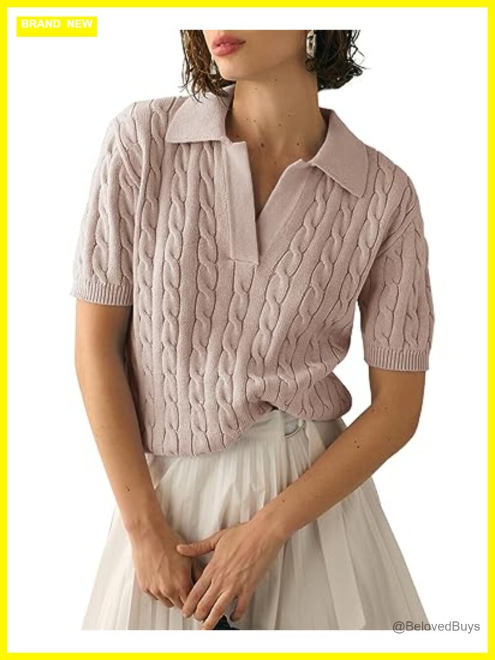 Womens Cable Knit Short Sleeve Sweater V Neck Lapel Pullover Top